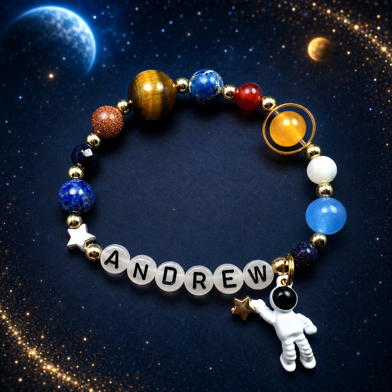 Personalized Glow in the Dark Space Bracelet, Custom Name Astronaut Bracelet for Kids, Solar System Gemstone Birthday Gift for Boys