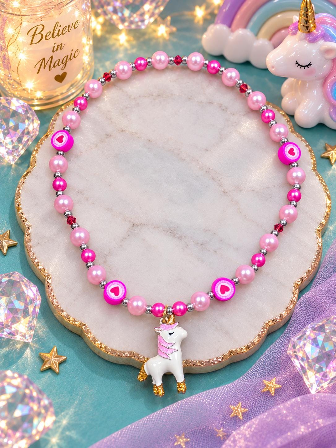 Girls Unicorn Necklace, Pink Pearl Beaded Necklace, Heart Jewelry for Kids, Unicorn Gift for Girl, Sparkly Kids Stretch Necklace