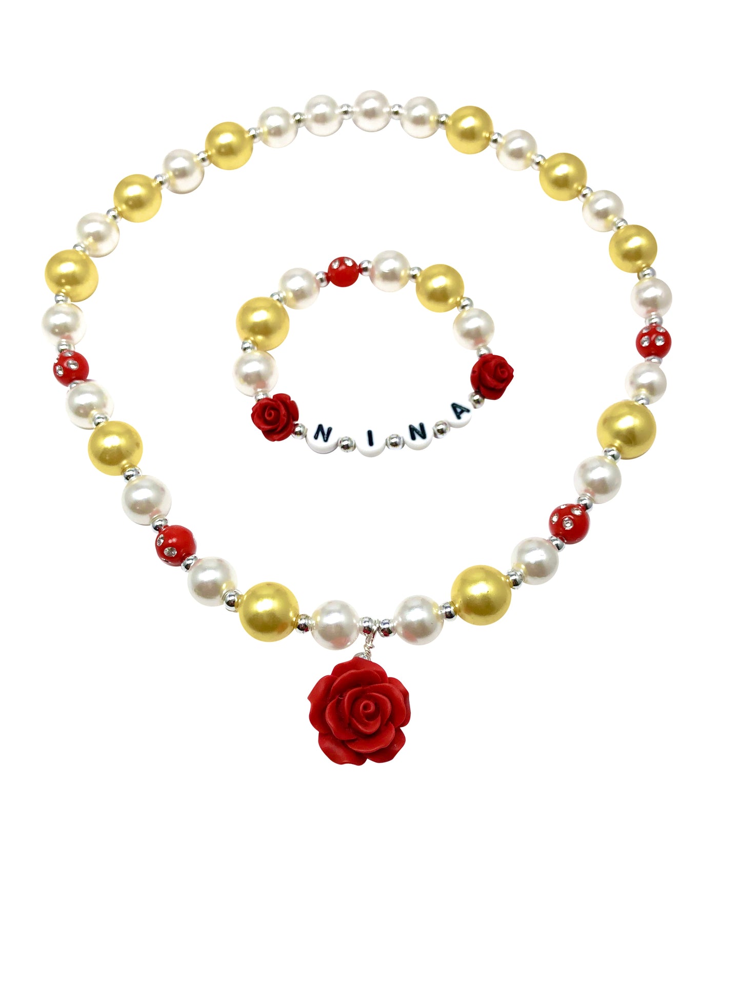Beauty and the beast girl jewelry set / Girls rose necklace / Yellow white red
