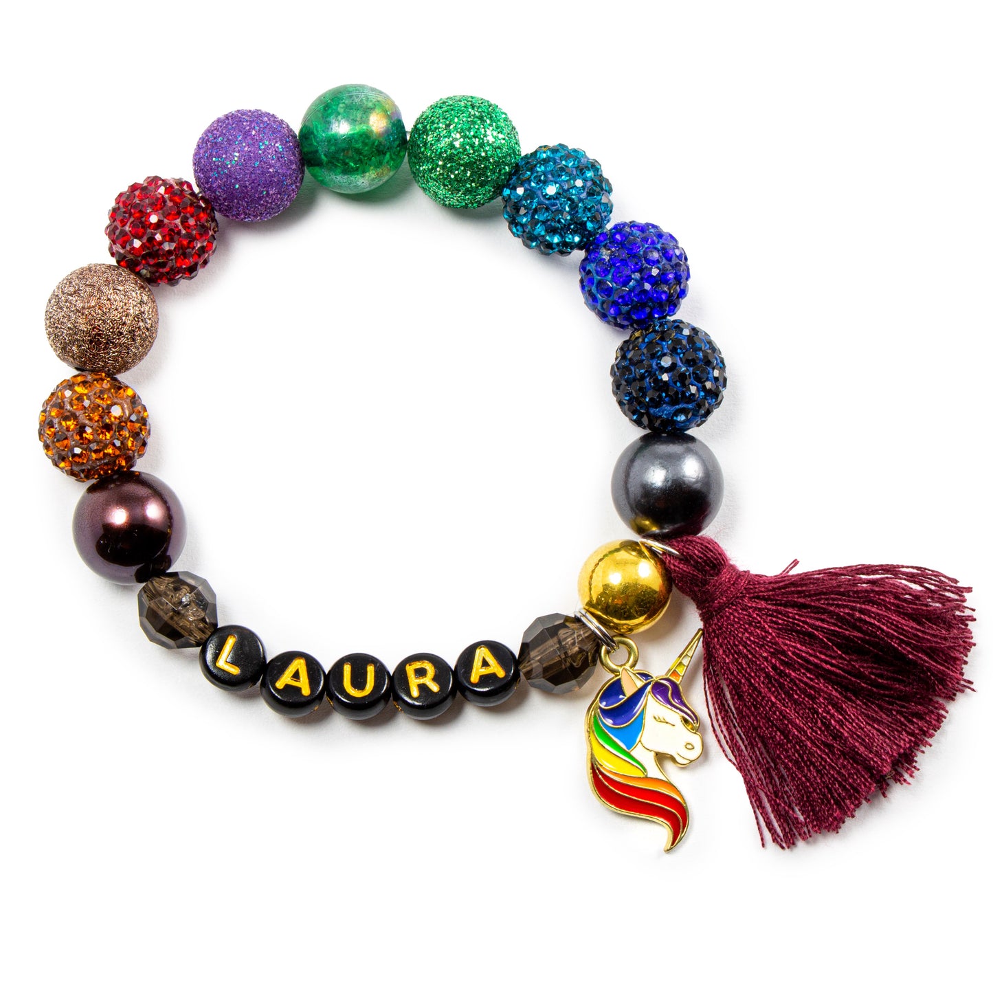 Girls unicorn charm tassel bracelet / Midnight magic / Personalized jewelry stretch