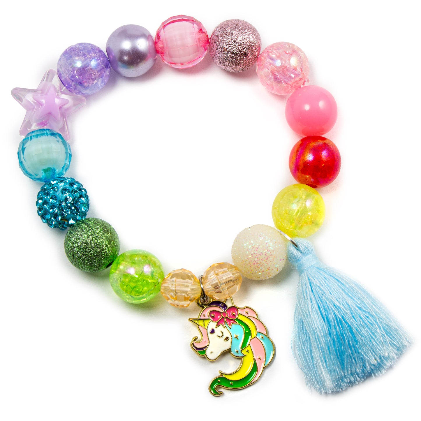 Girls unicorn charm pastel tassel bracelet / Personalized jewelry stretch