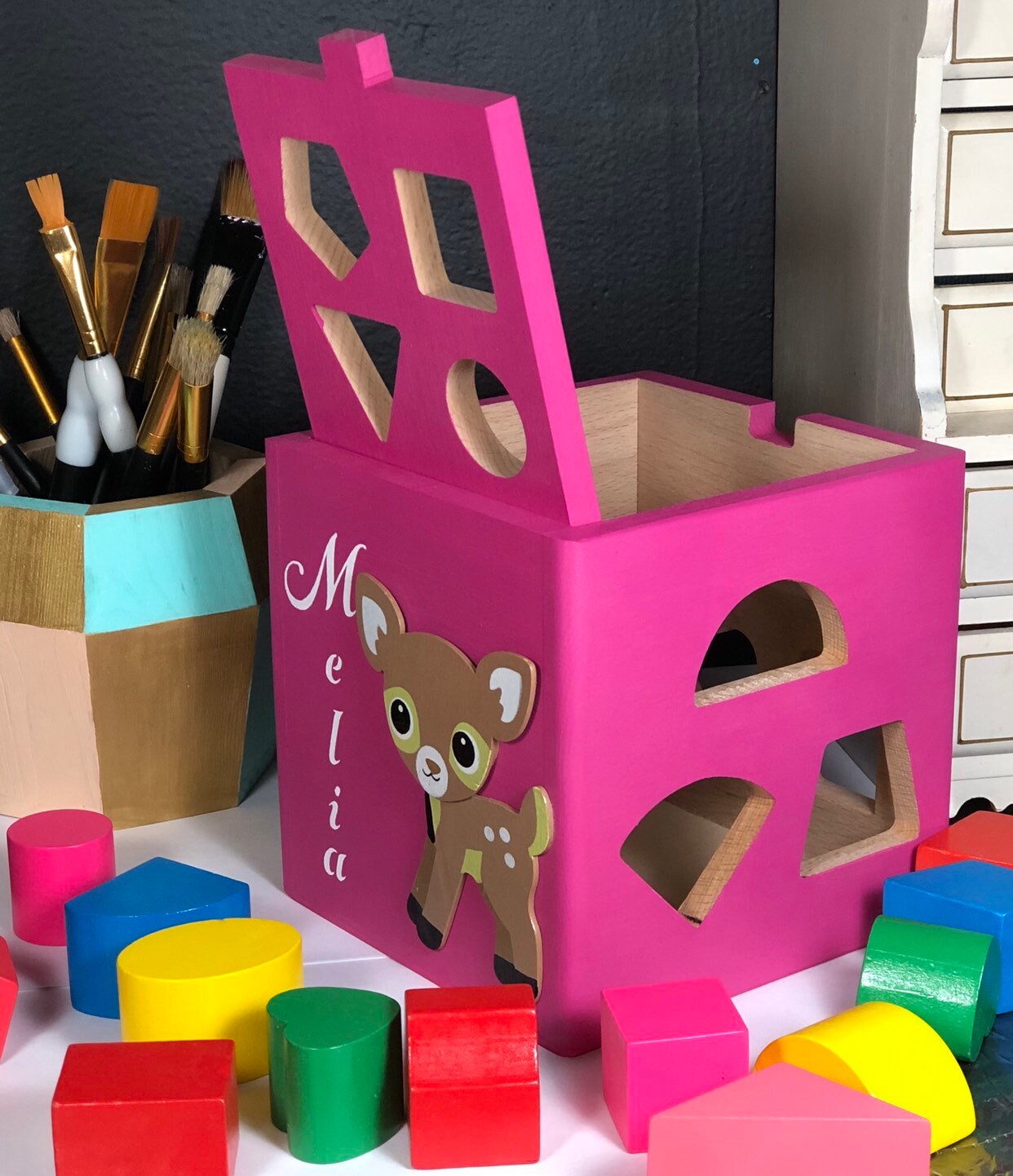 Fawn baby toys / pink shape sorting cube wooden toy