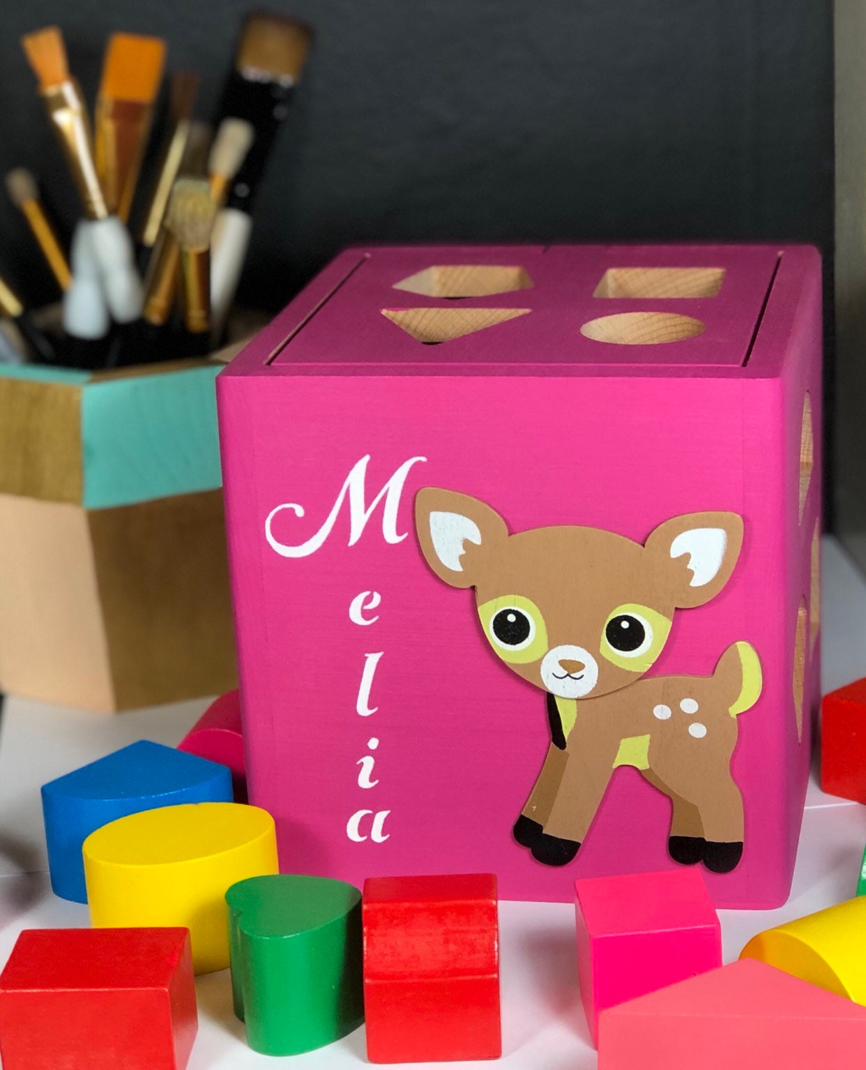 Fawn baby toys / pink shape sorting cube wooden toy
