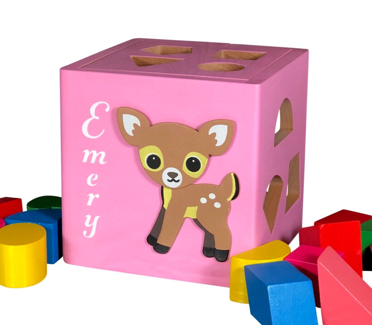 Fawn baby toys / pink shape sorting cube wooden toy