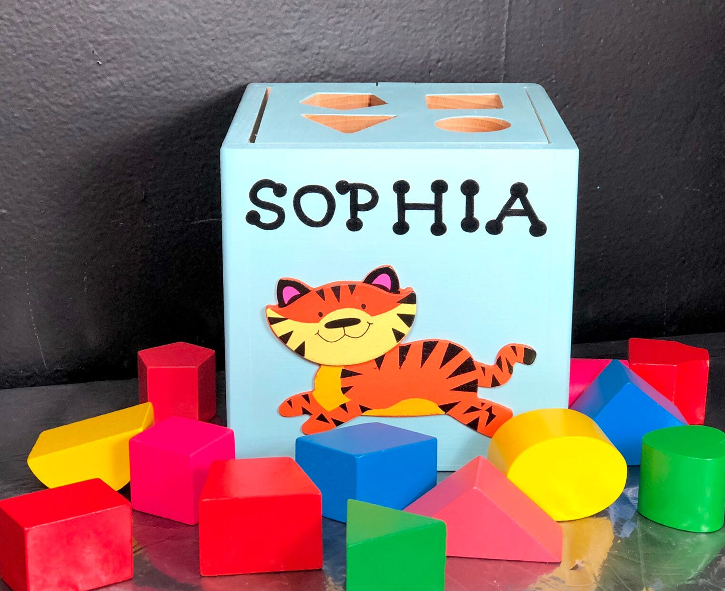 Handmade custom baby shape sorter tiger