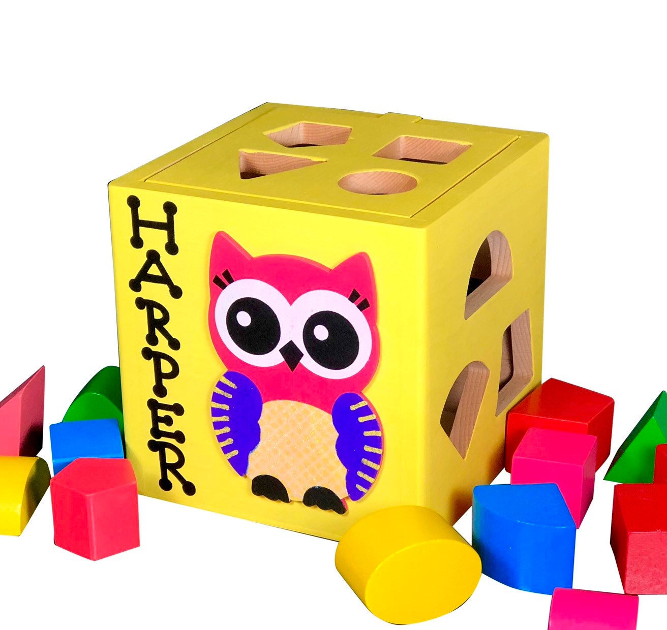 Pink shape sorting box / wooden baby toy ladybug / Montessori gift for one year old