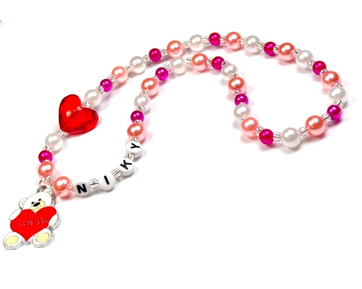 Valentines day necklace for girls / Heart beaded necklace for kids / Toddler bear necklace / Pearl necklace girl