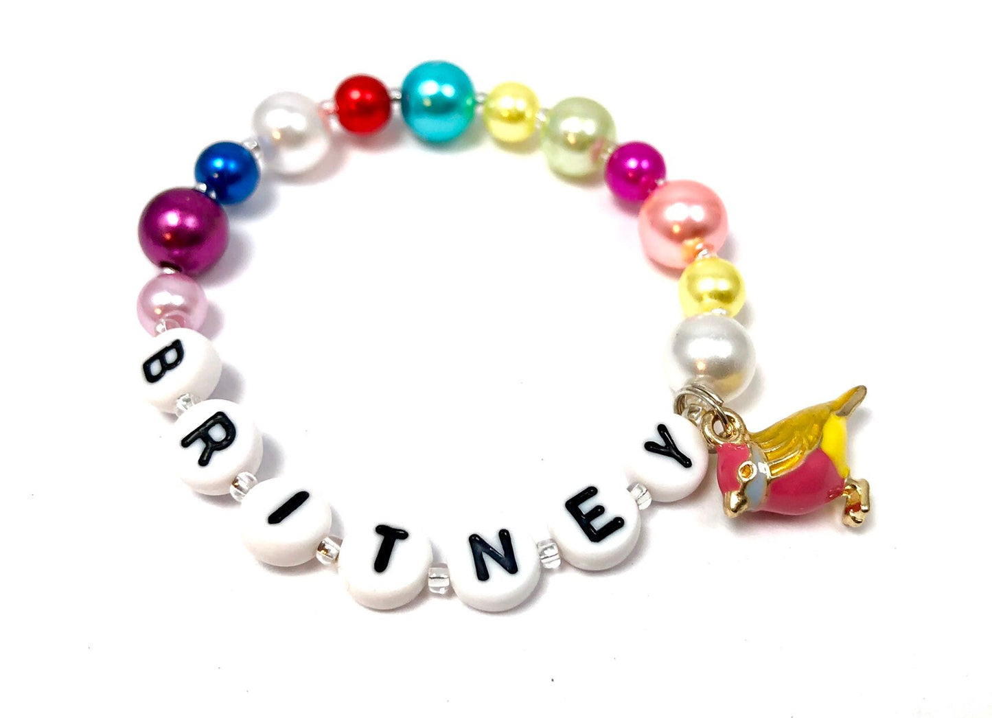 Girls rainbow bracelet / rainbow pearl bracelet / kids bird charm bracelet / personalized