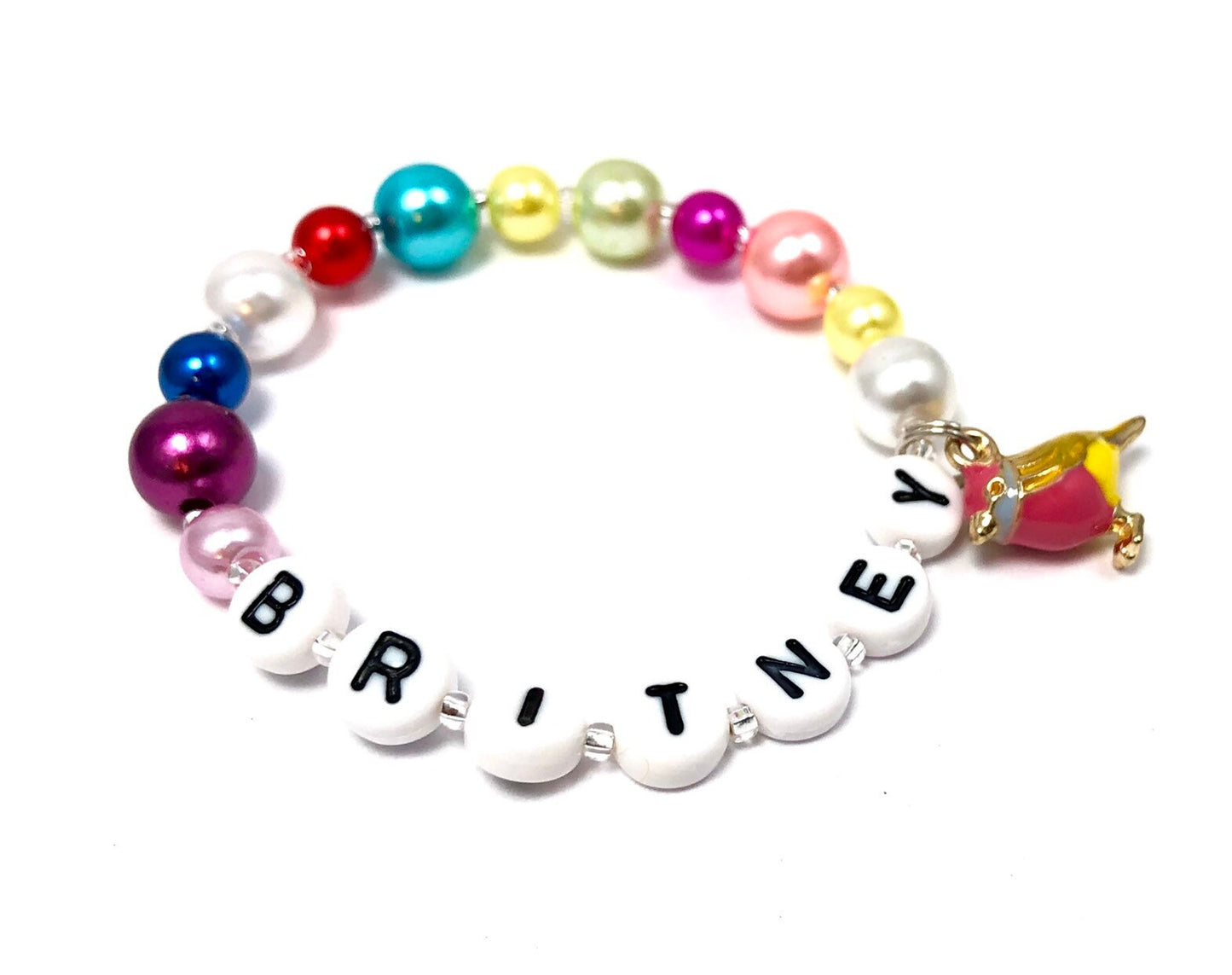 Girls rainbow bracelet / rainbow pearl bracelet / kids bird charm bracelet / personalized