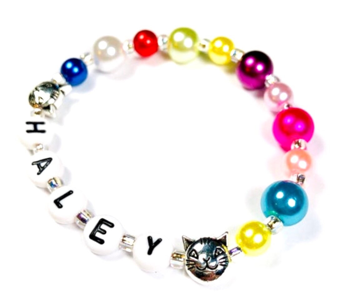 Cat bracelet girls jewelry purple/rainbow/pink personalized