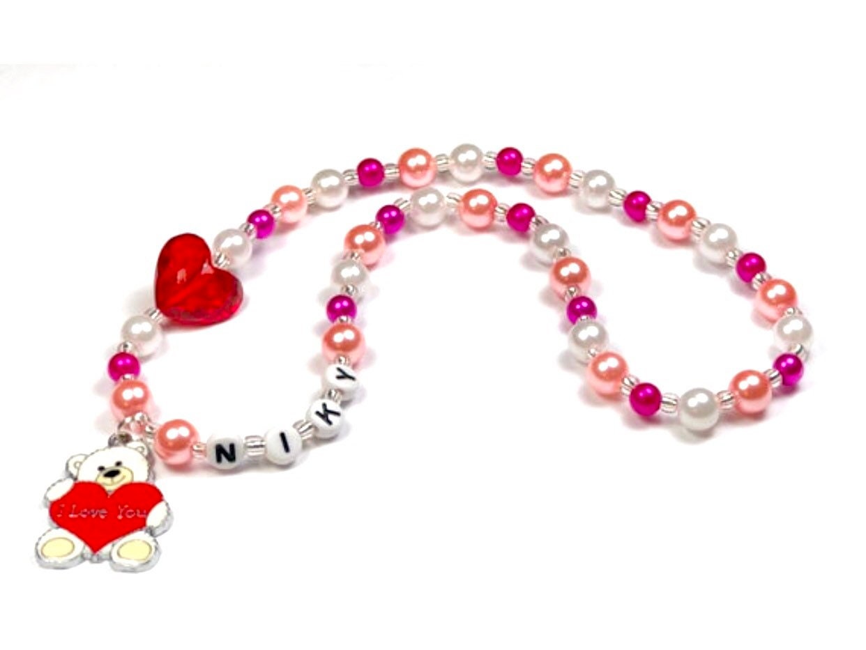 Valentines day necklace for girls / Heart beaded necklace for kids / Toddler bear necklace / Pearl necklace girl