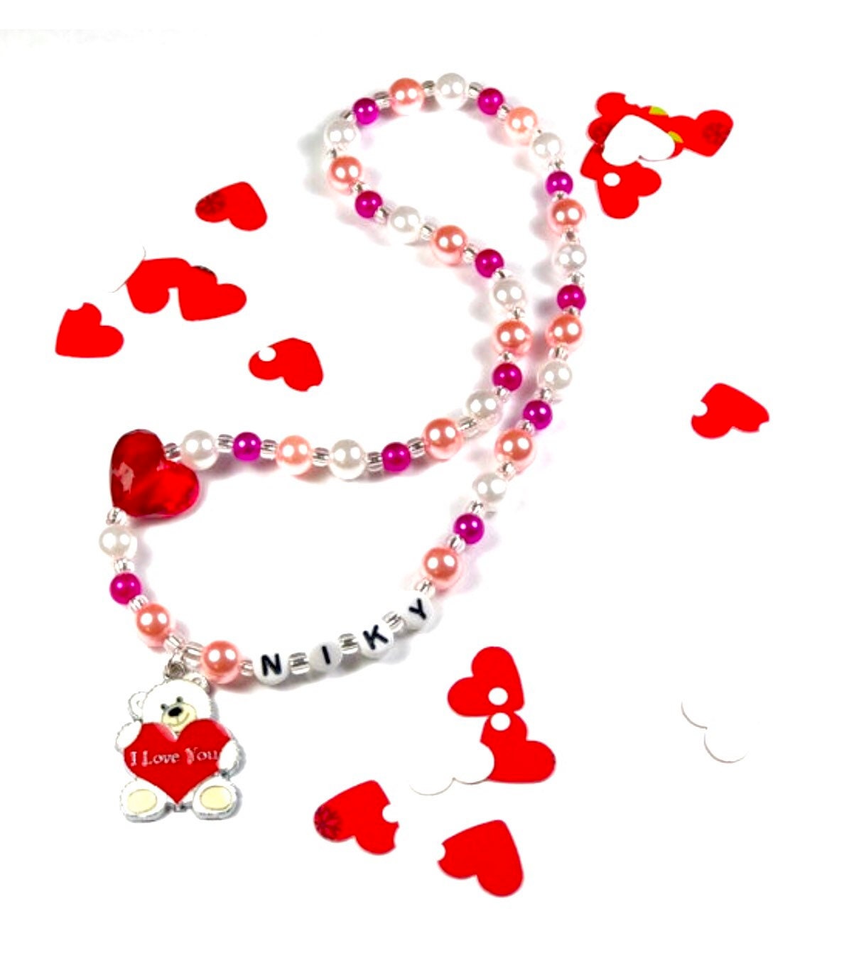 Valentines day necklace for girls / Heart beaded necklace for kids / Toddler bear necklace / Pearl necklace girl