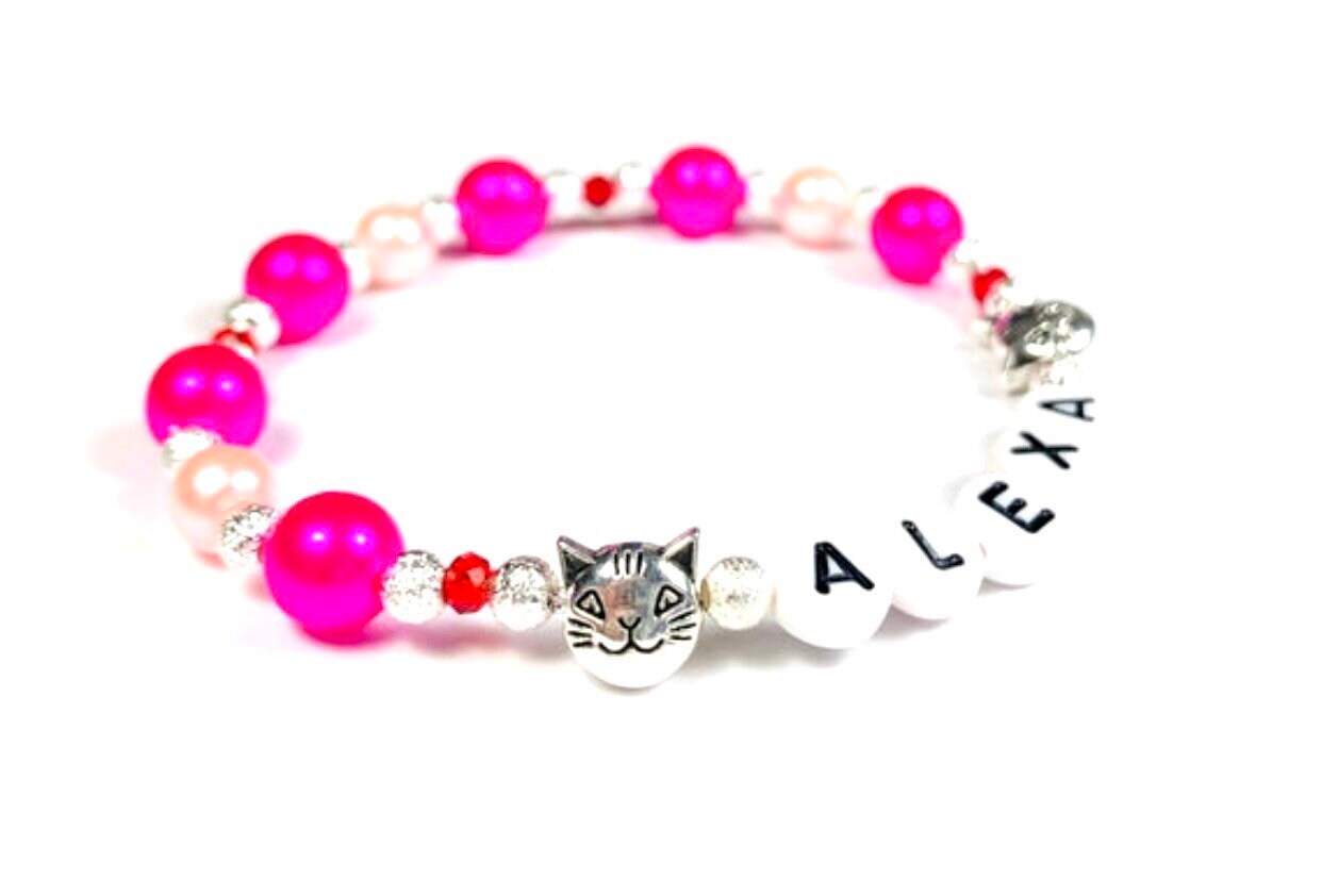 Girls Cat bracelet / Rainbow pearl bracelet