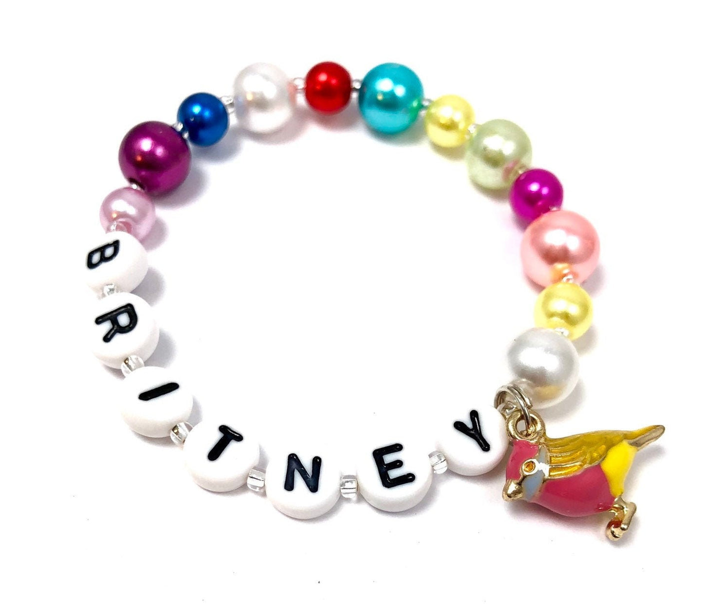 Girls rainbow bracelet / rainbow pearl bracelet / kids bird charm bracelet / personalized