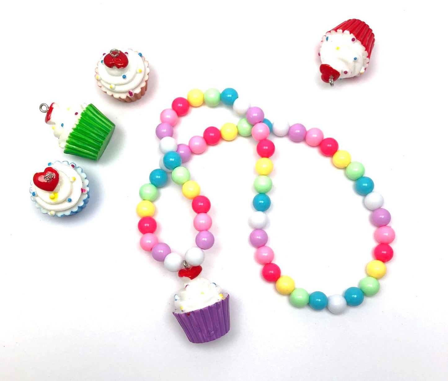Cupcake necklace / toddler girl birthday gift/ pastel beaded necklace