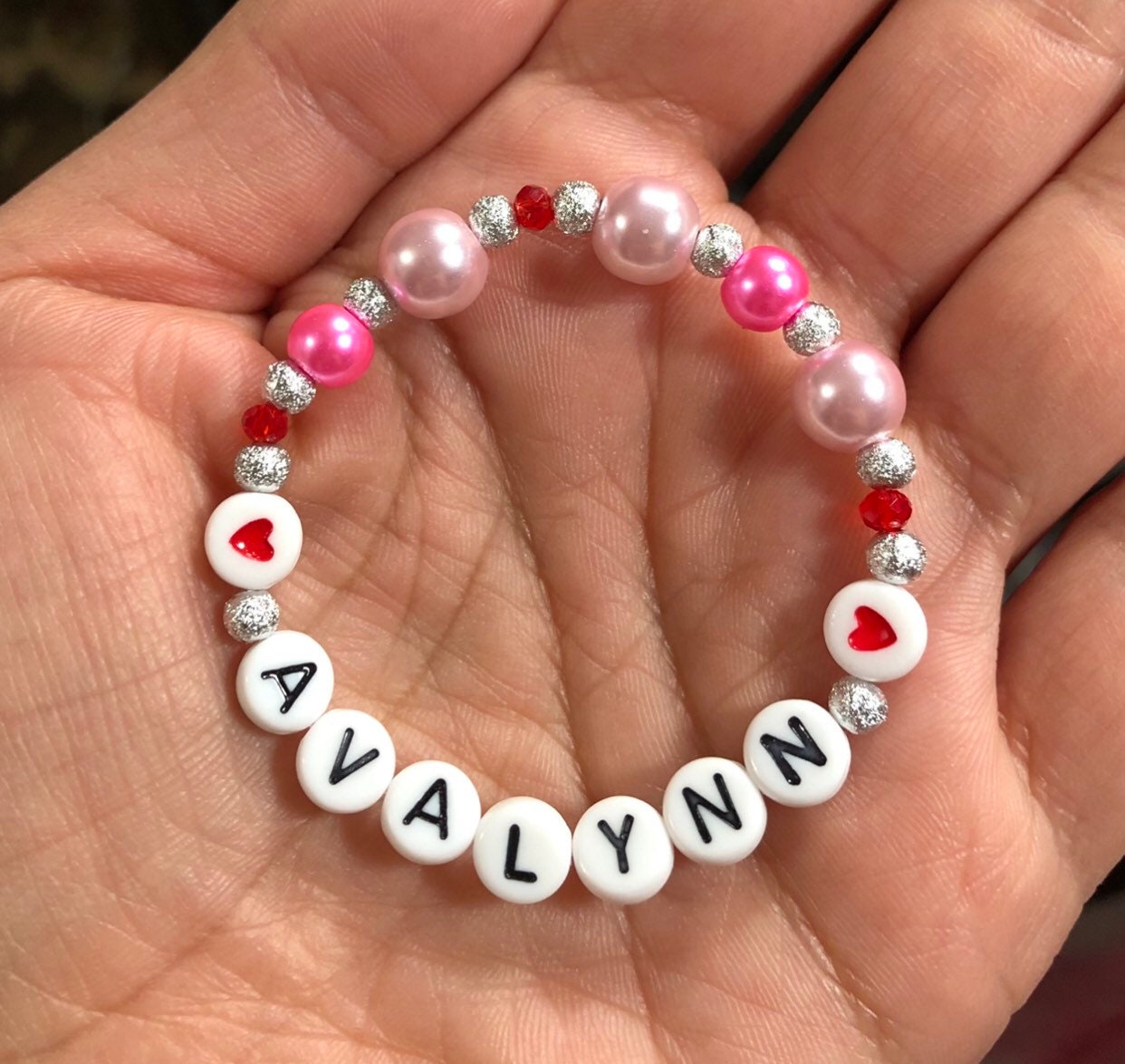 Valentine's Day gift for toddler girls / custom personalized pink pearl bracelet / heart jewelry