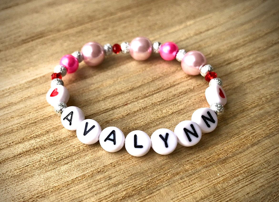 Valentine's Day gift for toddler girls / custom personalized pink pearl bracelet / heart jewelry