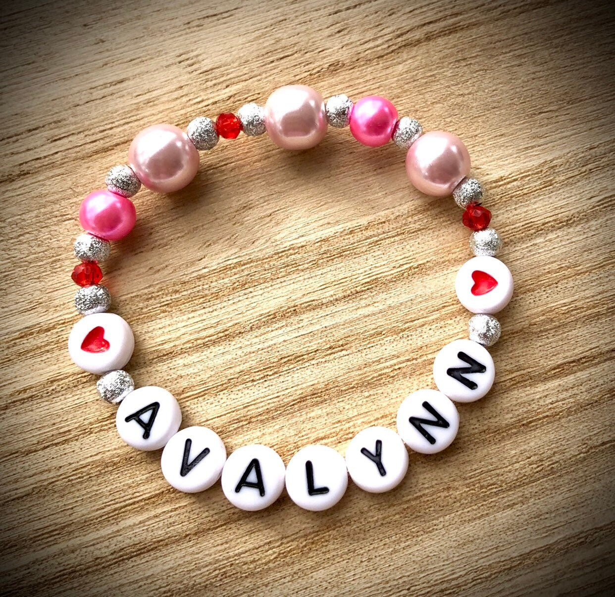 Valentine's Day gift for toddler girls / custom personalized pink pearl bracelet / heart jewelry