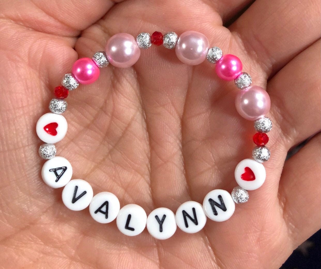 Valentine's Day gift for toddler girls / custom personalized pink pearl bracelet / heart jewelry