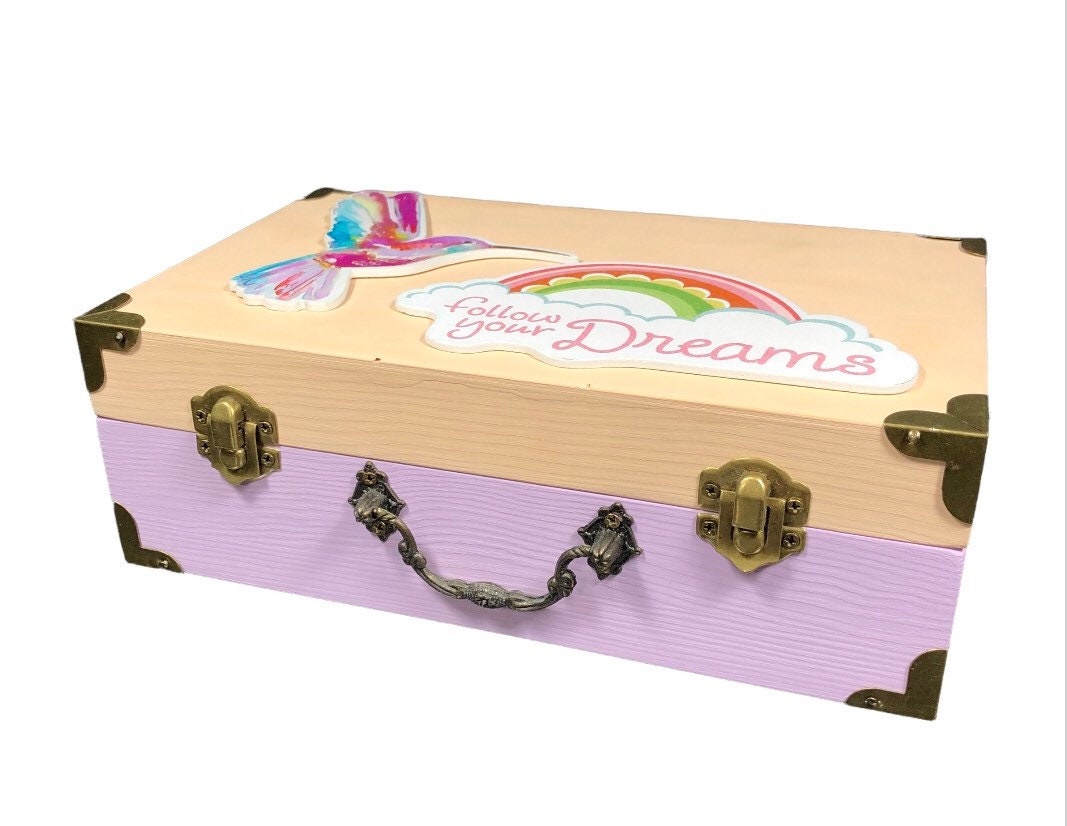 Wooden box with a hinged lid, kids memory box, kids time capsule, first birthday gift for girl, treasure box hummingbird flowers,