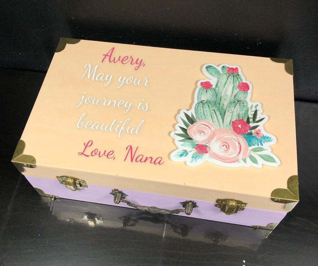 Wooden box with a hinged lid, kids memory box, kids time capsule, first birthday gift for girl, treasure box hummingbird flowers,