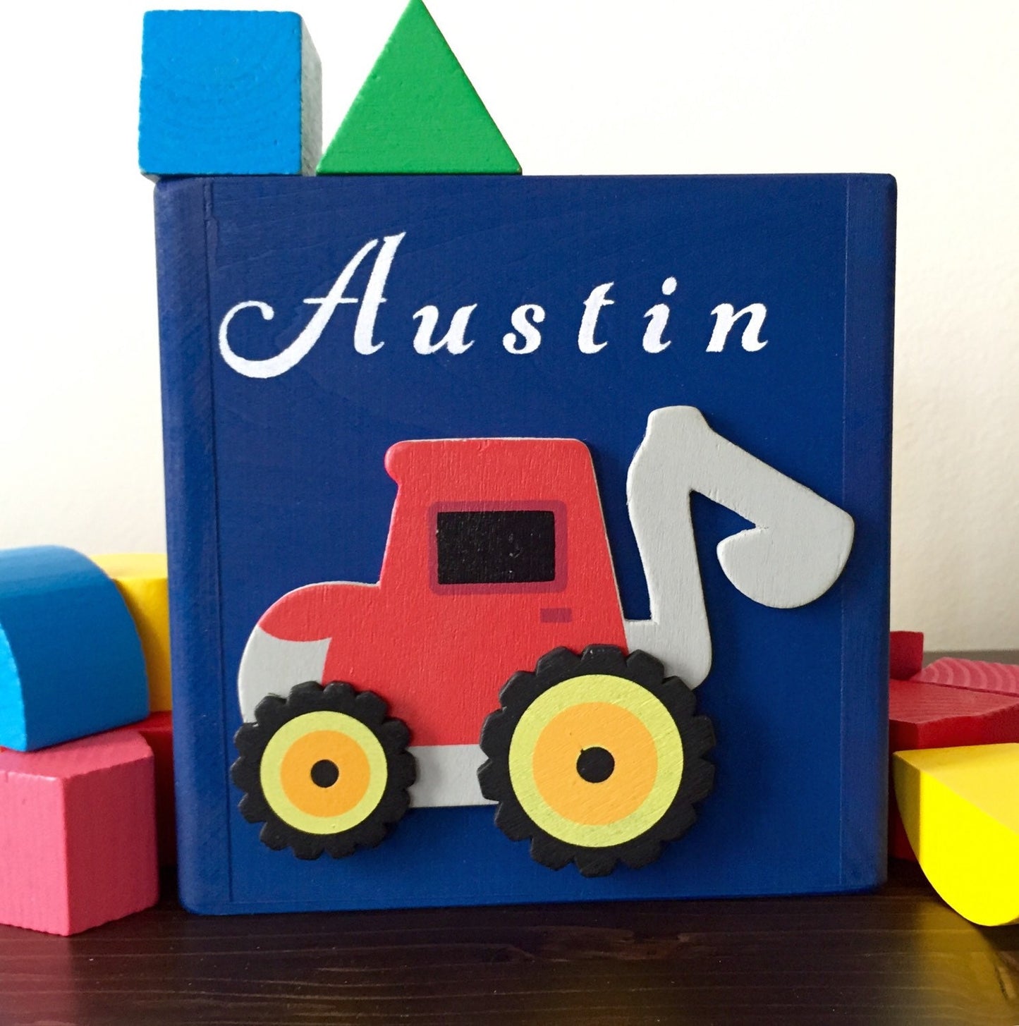 Wooden baby boy toy backhoe wooden tractor wooden farm vehicle ed tractor toy for babies educational shape sorter personalized admiral blue