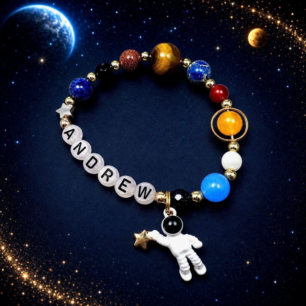 Personalized Glow in the Dark Space Bracelet, Custom Name Astronaut Bracelet for Kids, Solar System Gemstone Birthday Gift for Boys