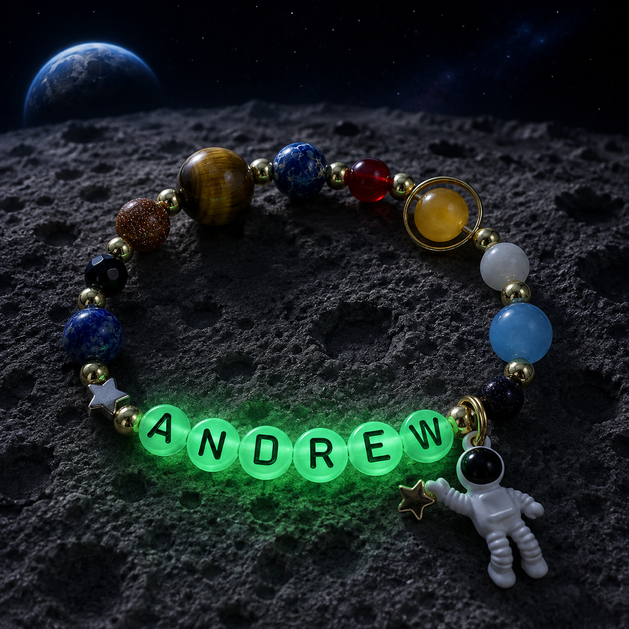 Personalized Glow in the Dark Space Bracelet, Custom Name Astronaut Bracelet for Kids, Solar System Gemstone Birthday Gift for Boys