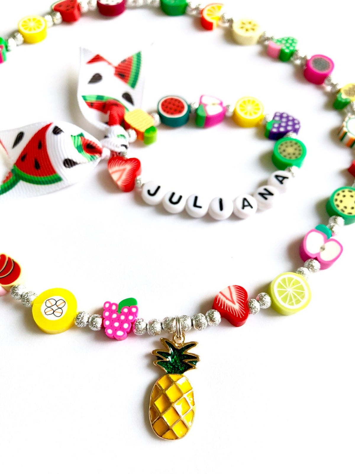 Personalized Fruit Jewelry Set for Girls | Custom Name Necklace & Bracelet | Polymer Clay Fruit Beads | Kids Summer Jewelry | Birthday Gift