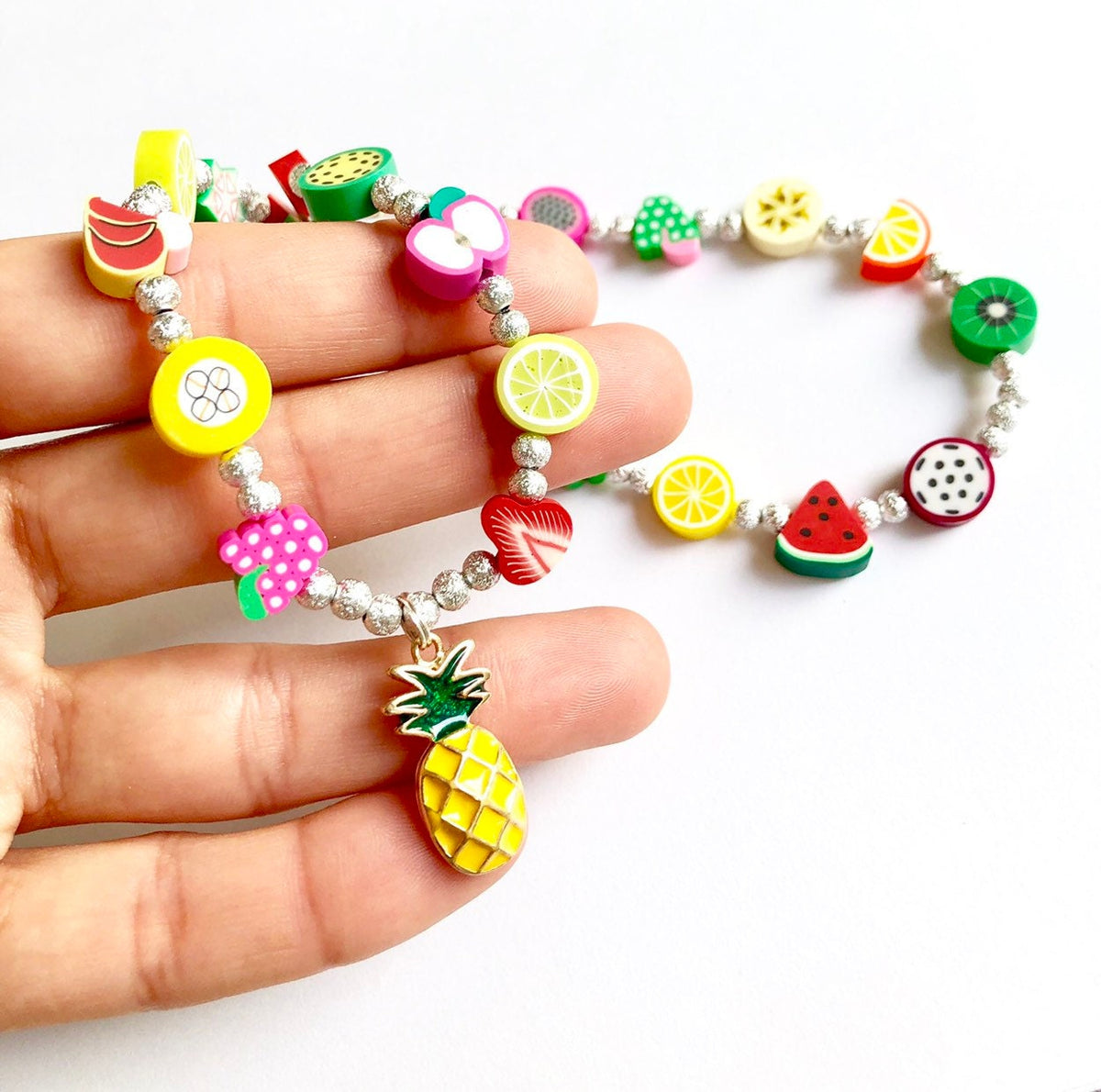 Personalized Fruit Jewelry Set for Girls | Custom Name Necklace & Bracelet | Polymer Clay Fruit Beads | Kids Summer Jewelry | Birthday Gift
