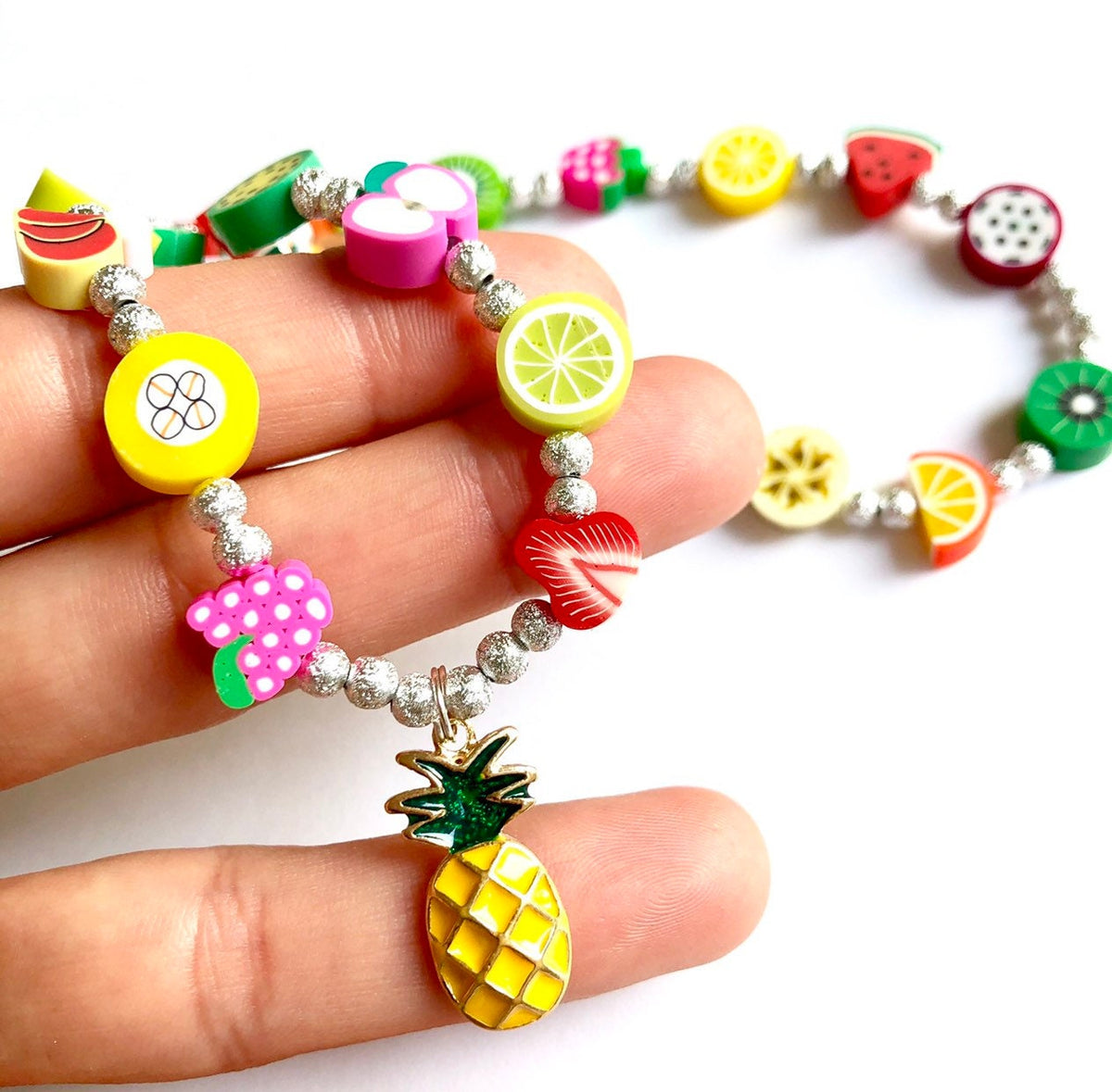 Personalized Fruit Jewelry Set for Girls | Custom Name Necklace & Bracelet | Polymer Clay Fruit Beads | Kids Summer Jewelry | Birthday Gift