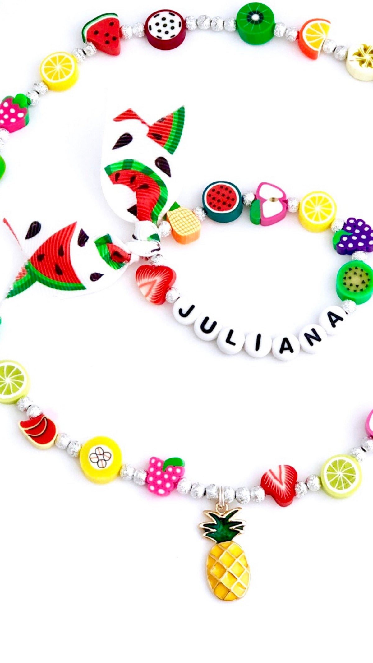 Personalized Fruit Jewelry Set for Girls | Custom Name Necklace & Bracelet | Polymer Clay Fruit Beads | Kids Summer Jewelry | Birthday Gift