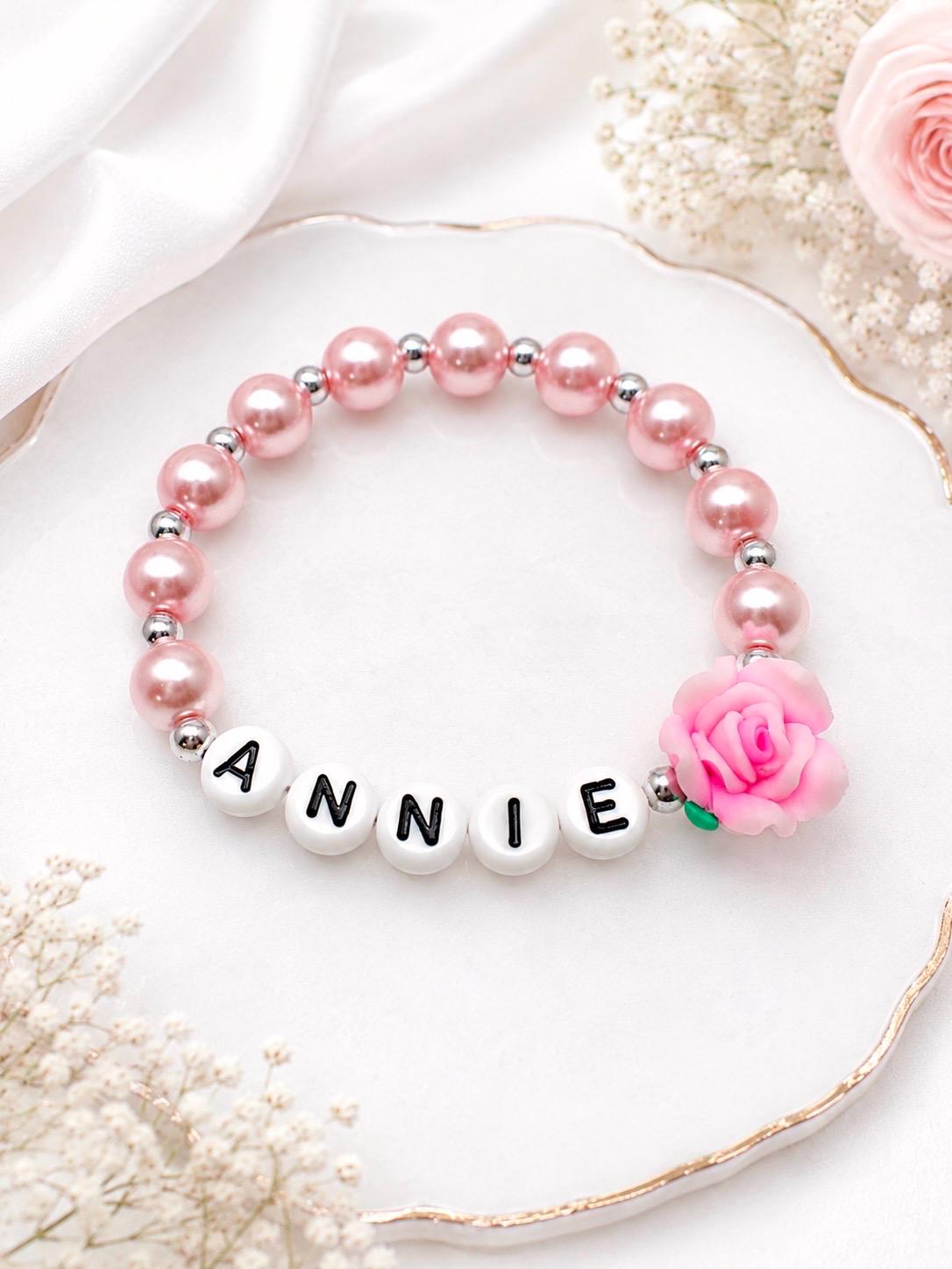 Personalized Toddler Flower Bracelet | Custom Name Bracelet for Girls | Pink Pearl Beaded Bracelet | Birthday Gift | Flower Girl Jewelry