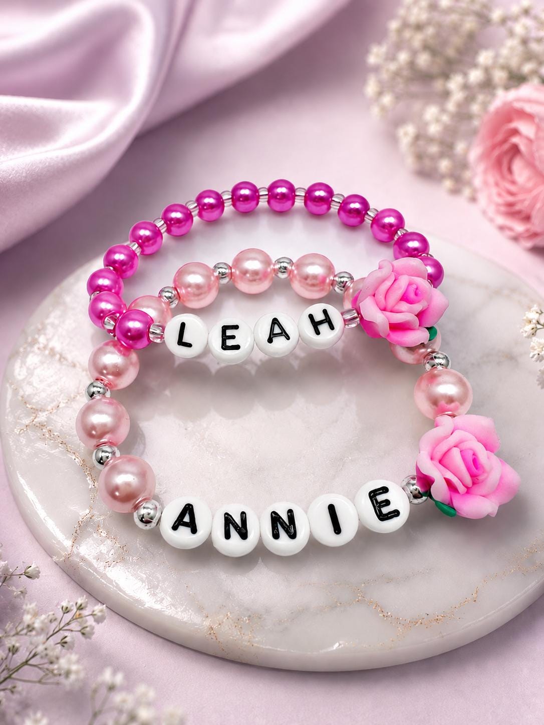 Personalized Toddler Flower Bracelet | Custom Name Bracelet for Girls | Pink Pearl Beaded Bracelet | Birthday Gift | Flower Girl Jewelry
