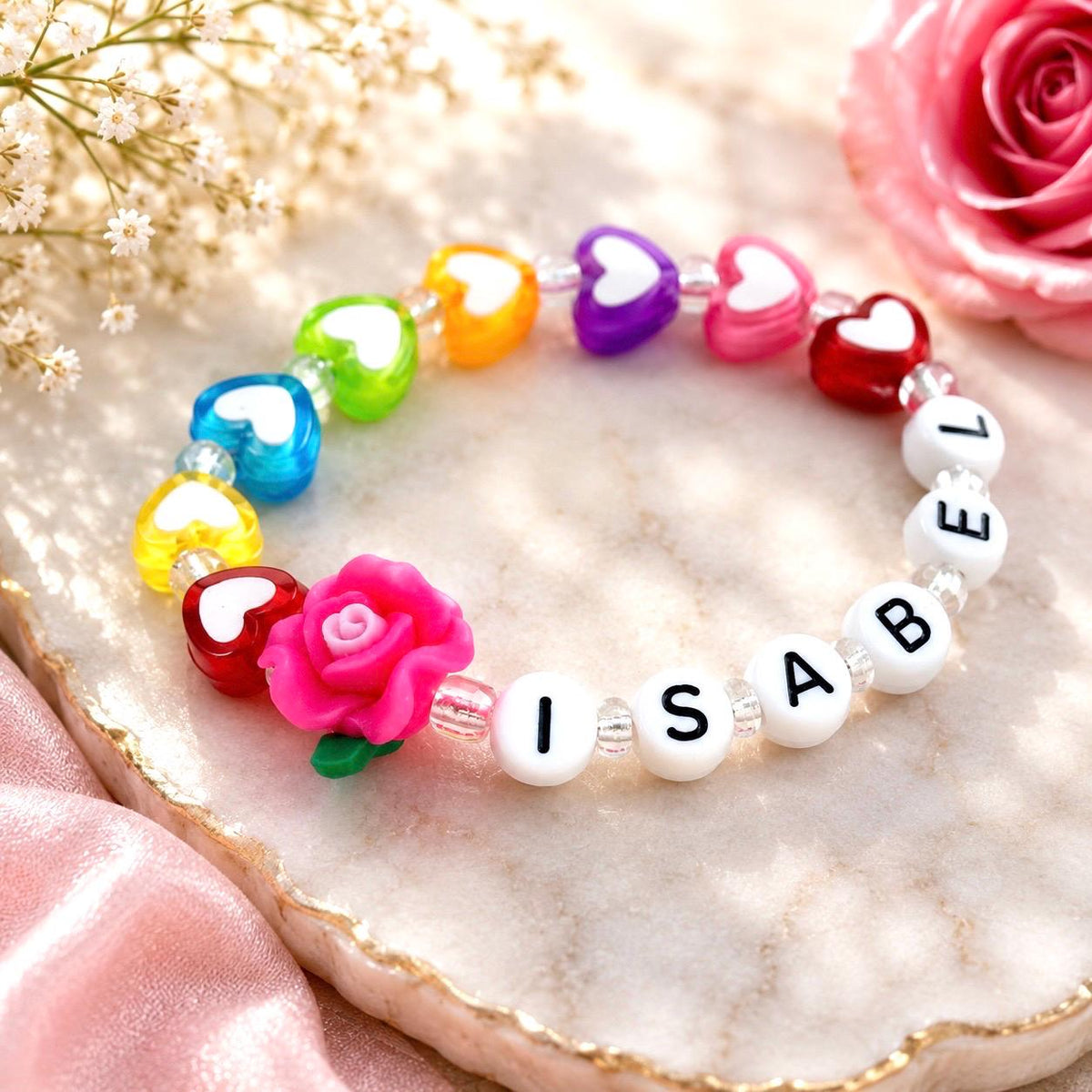 Personalized Girls Bracelet | Custom Name Bracelet | Rainbow Heart Bracelet | Flower Bracelet | Toddler Kids Gift | Handmade Beaded Bracelet