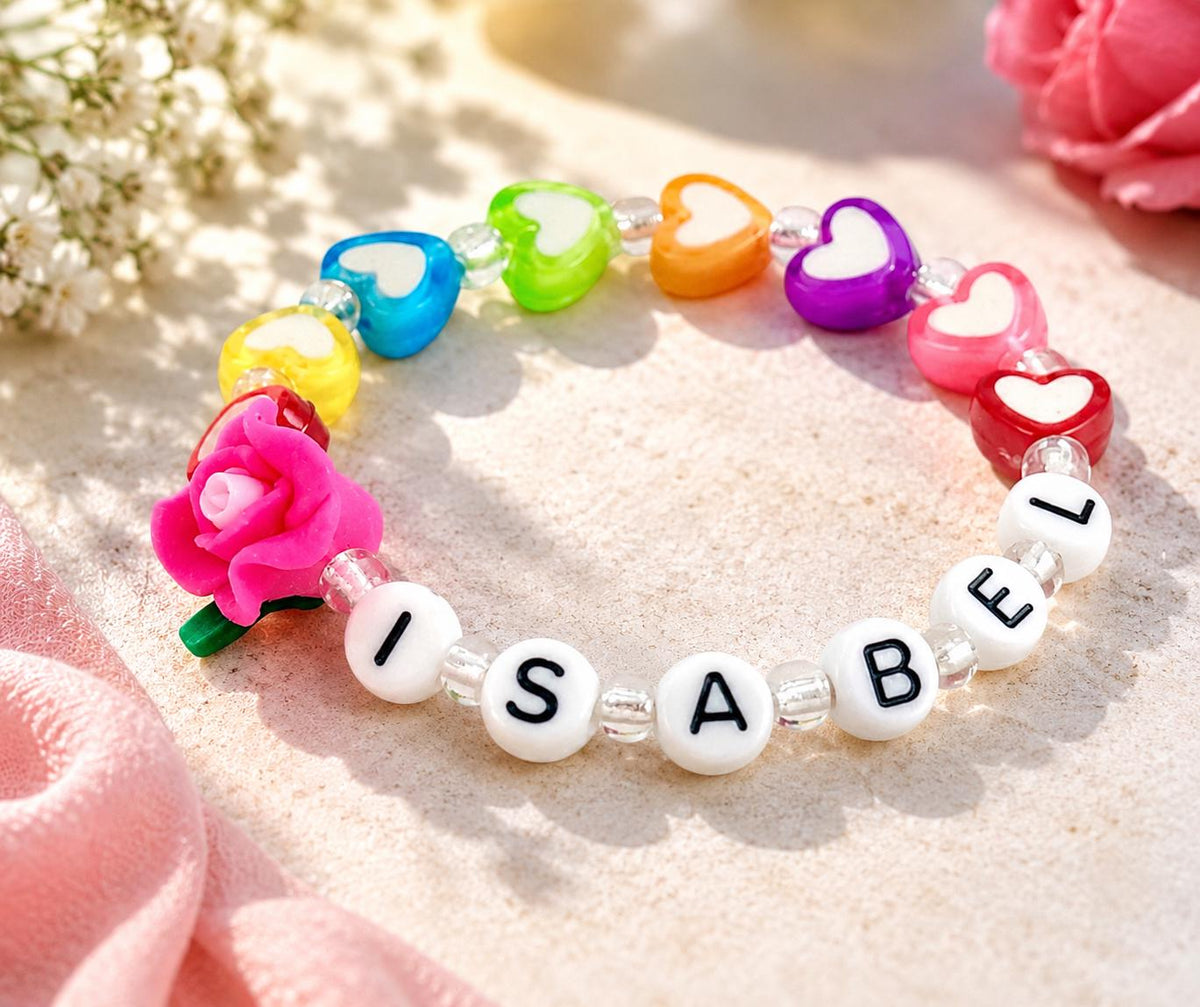 Personalized Girls Bracelet | Custom Name Bracelet | Rainbow Heart Bracelet | Flower Bracelet | Toddler Kids Gift | Handmade Beaded Bracelet