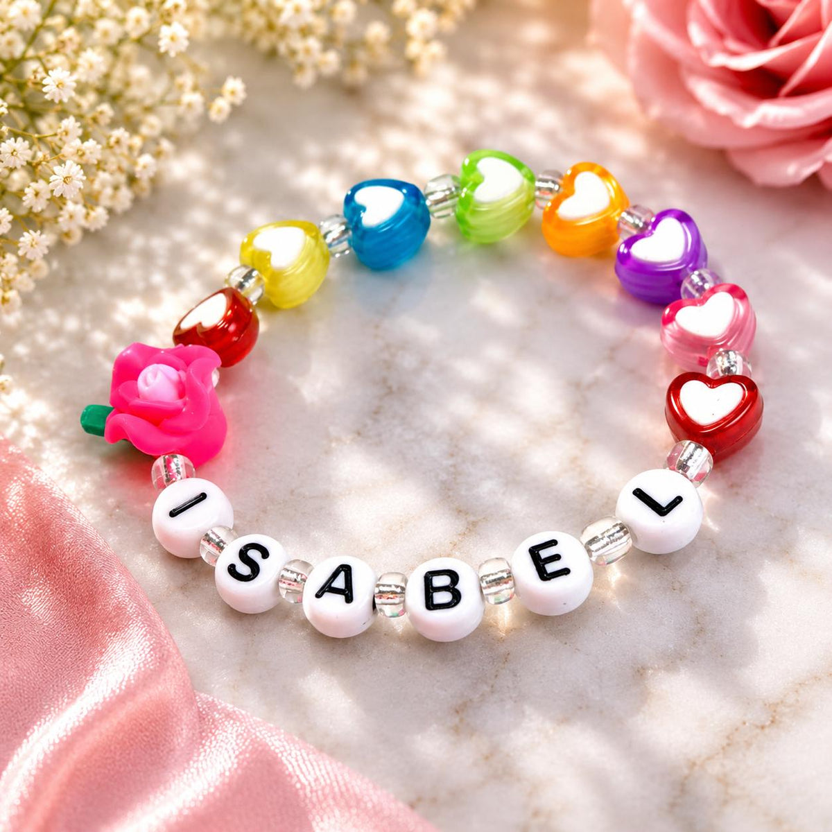 Personalized Girls Bracelet | Custom Name Bracelet | Rainbow Heart Bracelet | Flower Bracelet | Toddler Kids Gift | Handmade Beaded Bracelet