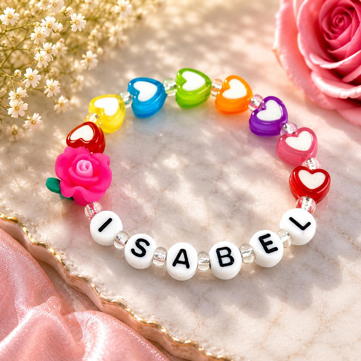 Personalized Girls Bracelet | Custom Name Bracelet | Rainbow Heart Bracelet | Flower Bracelet | Toddler Kids Gift | Handmade Beaded Bracelet