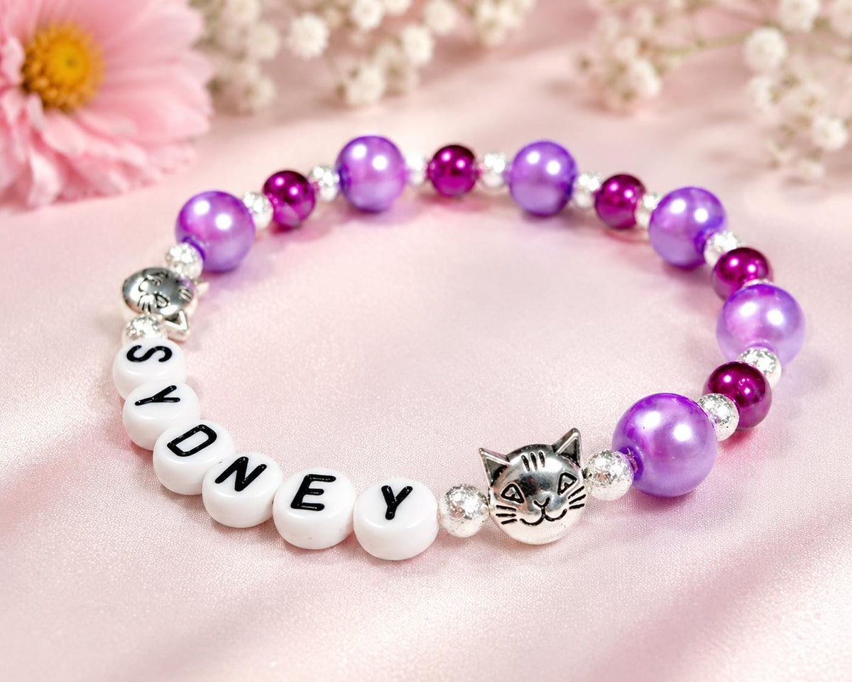 Personalized Rainbow Cat Bracelet | Custom Name Bracelet for Kids | Colorful Toddler Bracelet | Cat Lover Gift | Birthday Gift for Girls