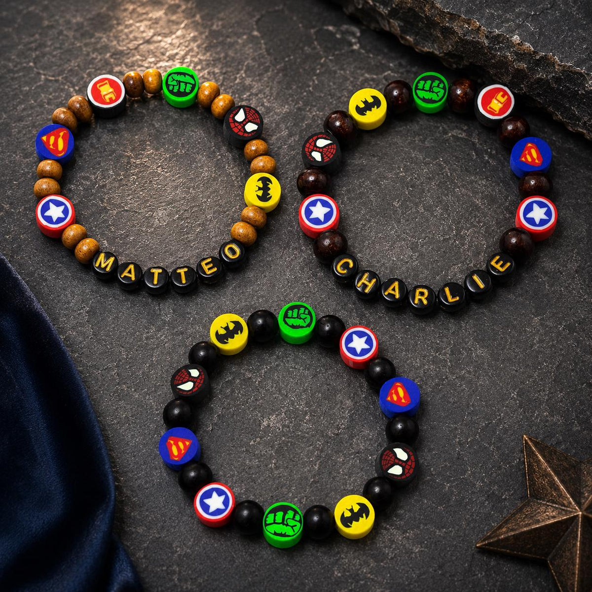 Personalized Hero Bracelet for Boys | Custom Name Wooden Bead Bracelet | Comic Inspired Kids Jewelry | Birthday Gift for Him