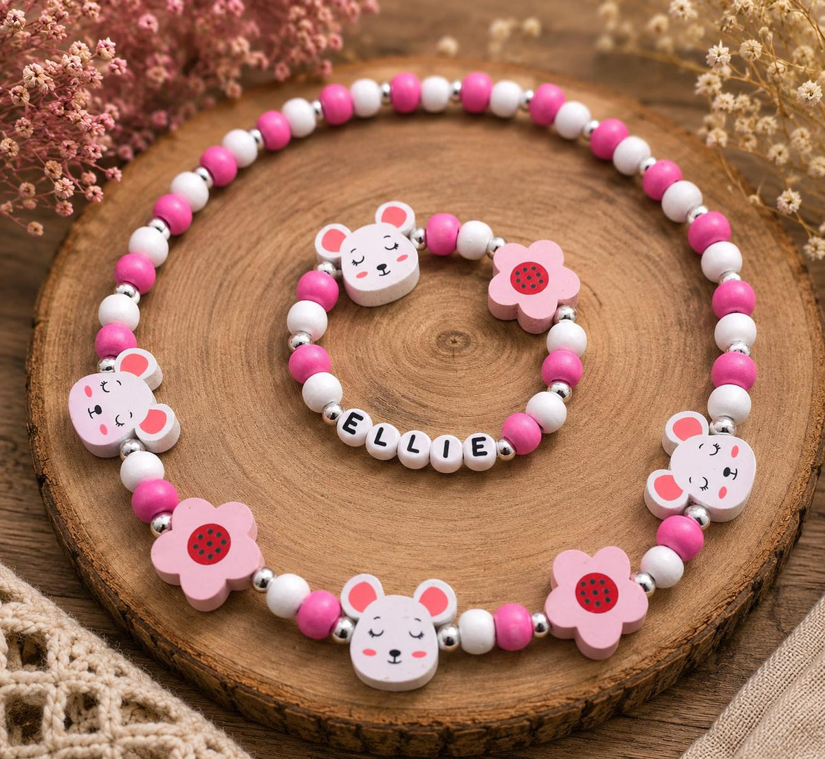 Personalized Mouse Necklace & Bracelet Set for Girls | Custom Name Jewelry | Wooden Bead Kids Jewelry | Flower Jewelry | Birthday Gift