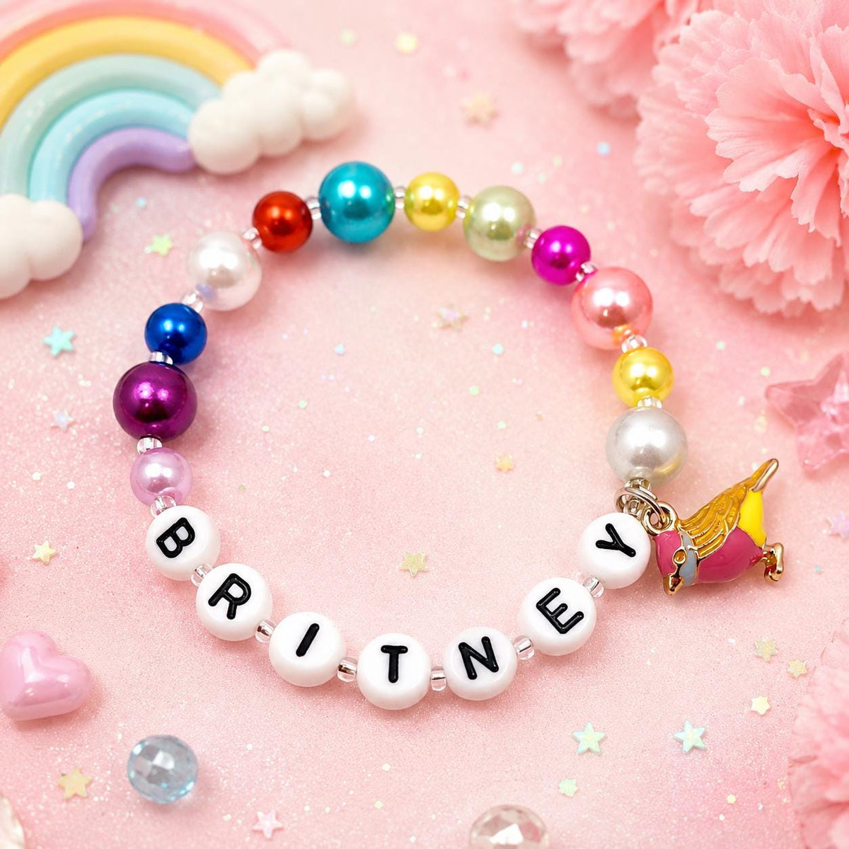 Personalized Rainbow Bird Bracelet for Girls | Custom Name Colorful Pearl Beaded Bracelet | Kids Jewelry | Toddler Birthday Gift | Handmade