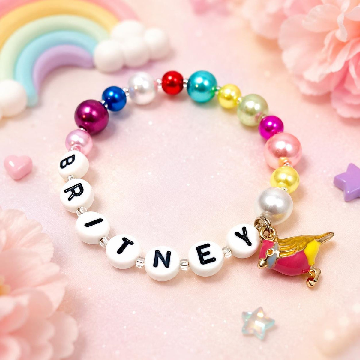 Personalized Rainbow Bird Bracelet for Girls | Custom Name Colorful Pearl Beaded Bracelet | Kids Jewelry | Toddler Birthday Gift | Handmade