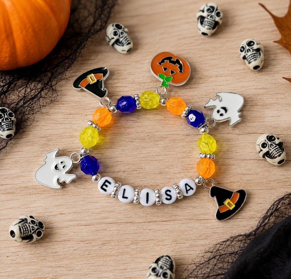 Personalized Halloween Kids Bracelet | Custom Name Halloween Charm Bracelet | Toddler Boo Basket Filler | Fall Jewelry