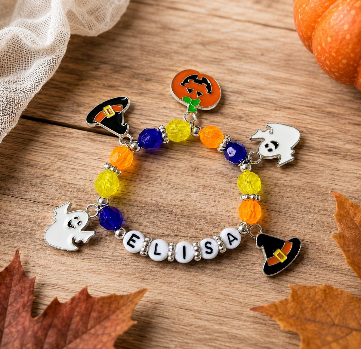Personalized Halloween Kids Bracelet | Custom Name Halloween Charm Bracelet | Toddler Boo Basket Filler | Fall Jewelry
