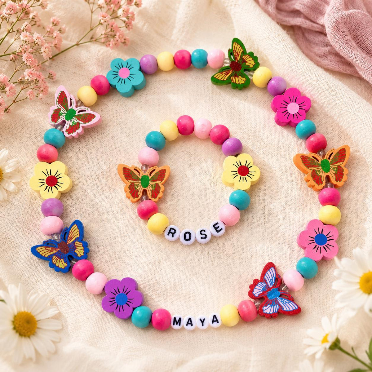 Personalized Girls Necklace & Bracelet Set | Flower Butterfly Girls Jewelry | Colorful Pastel Wooden Set | Toddler Gift | Birthday Present