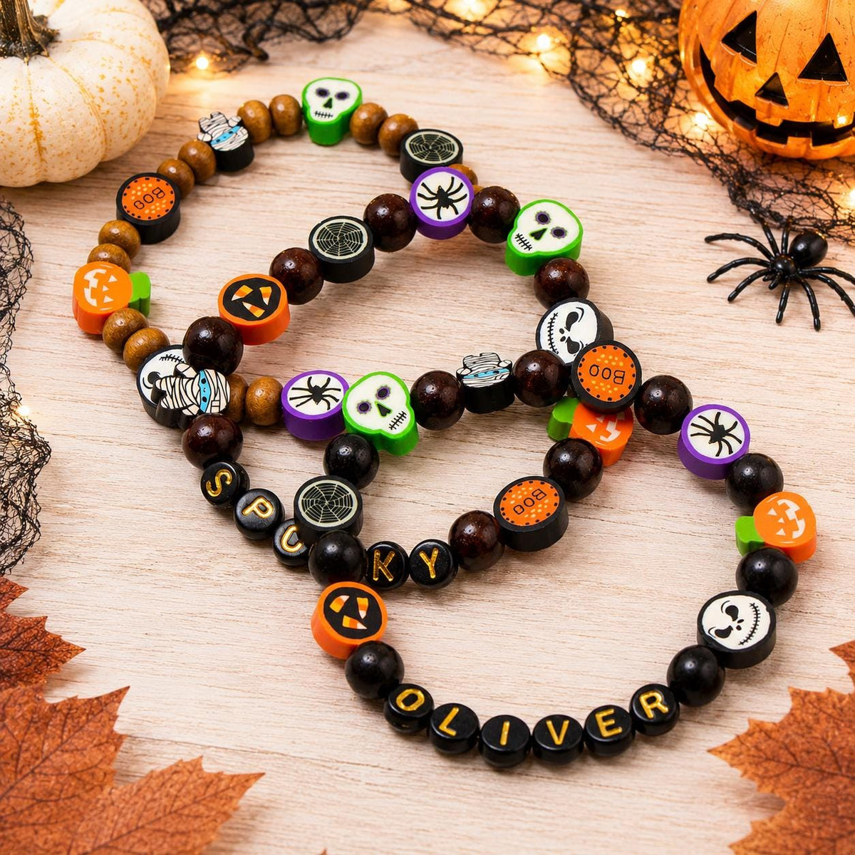 Personalized Halloween Bracelet for Kids | Custom Name Bracelet | Ghost Pumpkin Skull Bracelet | Toddler Halloween Jewelry | Spooky Party Fa