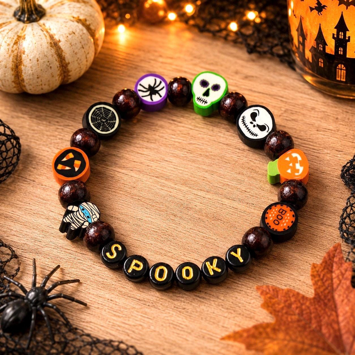 Personalized Name Custom Size Halloween Black/ Brown Beaded Bracelets for Kids
