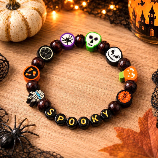 Personalized Halloween Bracelet for Kids | Custom Name Bracelet | Ghost Pumpkin Skull Bracelet | Toddler Halloween Jewelry | Spooky Party Fa