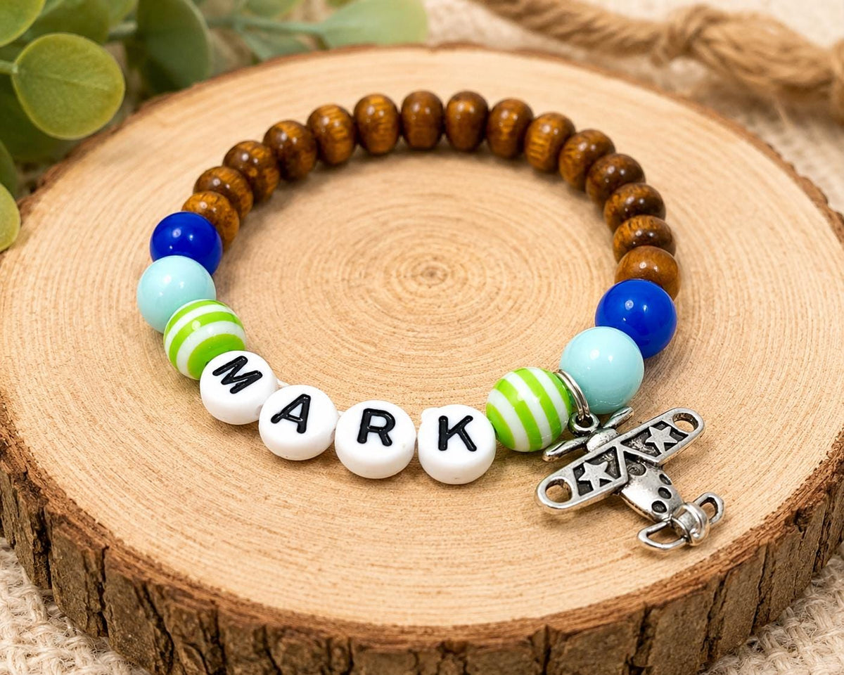 Personalized Airplane Bracelet for Boys, Custom Name Bracelet, Airplane/travel Birthday Gift, Toddler Bracelet, Kids Wood Bead Bracelet,